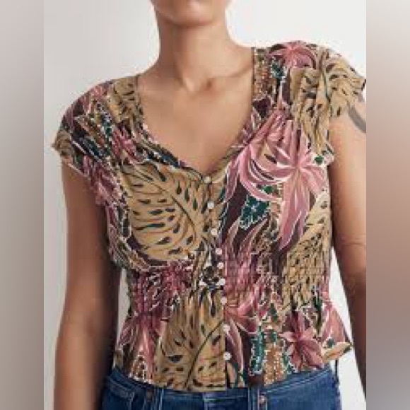Madewell Tops - Madewell Green Tan Ruched Cap Sleeve Blouse Size XXS NWT